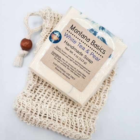 White Tea & Pear Handcrafted Soap & Exfoliating Soap Bag - Gift Set - Picture 1 of 8